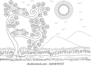 Cute line art coloring page of love birds on a whimsical tree branch with sun, mountains, grass, and flying birds in a peaceful nature scene.