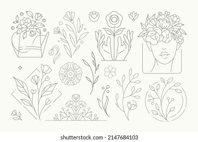 Cute line art deco monochrome logo collection floral design elements for beauty spa salon wellness studio, wedding invitation, greeting card, farming gardening decor emblem set vector illustration