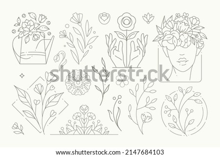 Cute line art deco monochrome logo collection floral design elements for beauty spa salon wellness studio, wedding invitation, greeting card, farming gardening decor emblem set vector illustration