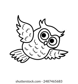 Cute line art flying owl. Funny doodle owl character. Coloring book for kids. Nursery art style.