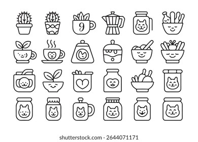Cute line art icons of food and objects