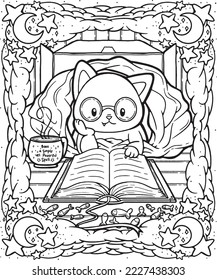 A cute line art illustration of a cat inside a box covered in blanket reading a book. Accompanied by a steaming cup of coffee or tea. A fun coloring activity for the whole family