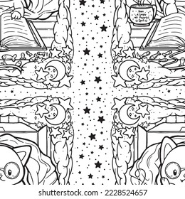 A cute line art illustration of a cat inside a box covered in blanket reading a book. Accompanied by a steaming cup of coffee or tea. A cozy kitty in a blankie.