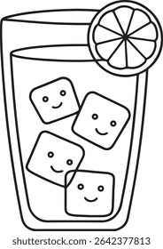 Cute line art illustration of a glass of refreshing beverage with smiling ice cubes and a lemon slice. Perfect for summer-themed designs, menus, or children's books.