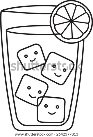 Cute line art illustration of a glass of refreshing beverage with smiling ice cubes and a lemon slice. Perfect for summer-themed designs, menus, or children's books.