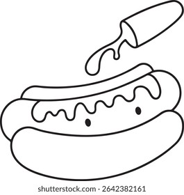 Cute line art illustration of a hot dog with mustard being squeezed on top.  Perfect for kids' menus, coloring books, or food-related designs.