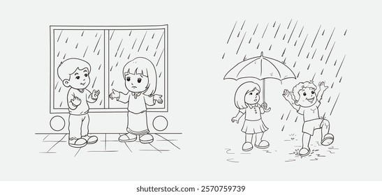 Cute line art illustration of kids experiencing rain. One scene has children inside looking out at rain, and another depicts them outside under an umbrella and playing joyfully in the rain.