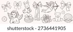 Cute line art illustration set featuring cupid, teddy bear, rabbit, seashell with pearl, ribbon, button, and rose.