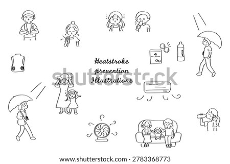Cute Line Art Illustration Set for Heatstroke Prevention and Summer Care