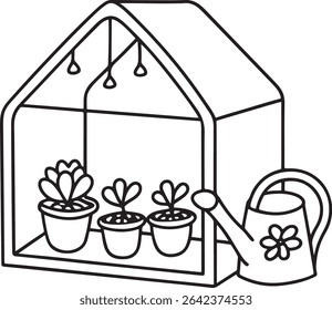 Cute line art illustration of three potted succulents inside a miniature greenhouse with a watering can. Perfect for gardening, plant care, or home decor projects.