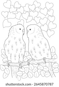 Cute Line Art Illustration of Two Cartoon Budgies Love Birds Sitting on a Branch with Heart Shapes Background - Perfect for Coloring Pages, Valentine's Day, or Romantic Themes