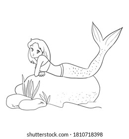 Cute line art mermaid colouring page for happy kids do activity.
