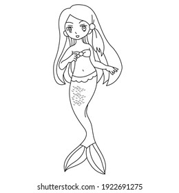 Cute Line Art Mermaid Colouring Page For Happy Kids Do Activity.