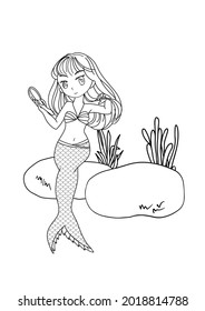 Cute line art mermaid colouring page for happy kids do activity.