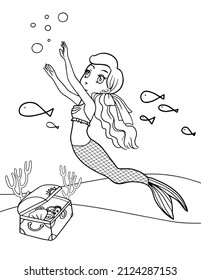 Cute Line Art Mermaid Swimming In The Sea With Treasure Box, Colouring Page For Happy Kids Do Activity.