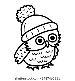 Cute line art owl in hat. Funny doodle owl character. Coloring book for kids. Nursery art style.
