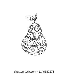 Cute line art pear with leaf. Can be used for coloring book, food and drinks label, baby food label. Hand drawn vector.