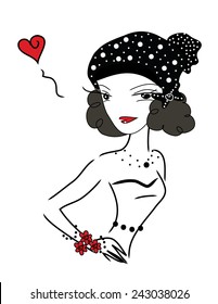 cute line art retro girl in love