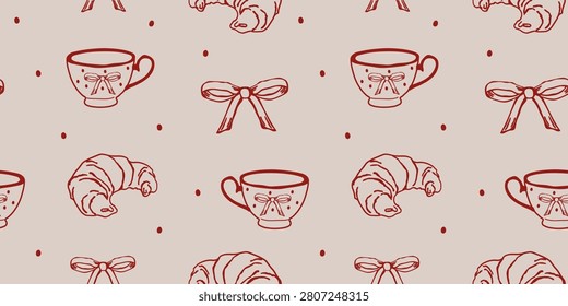 Cute line art seamless pattern with cups and croissants on pastel background