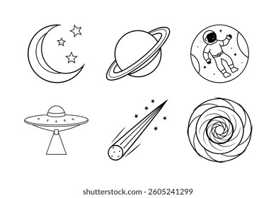 Cute Line Art Space Icons Set for Design