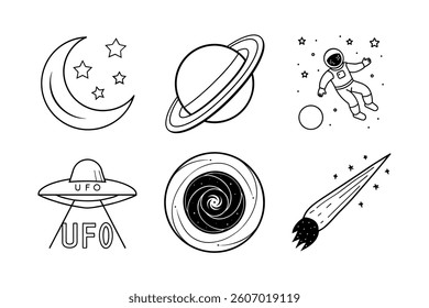 Cute Line Art Space Icons Set for Design
