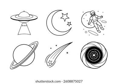 Cute Line Art Space Icons Set for Design