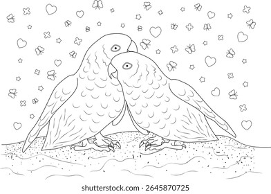 Cute line art of two love birds with hearts, butterflies, and stars. Romantic bird drawing, perfect for coloring.