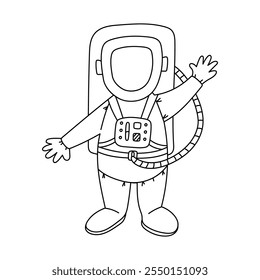 Cute line astronaut in space suit waving welcome and going to cosmos. Friendly cosmonaut character in childish style. Hand drawn outline universe doodle isolated on white background.