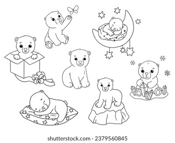 Rutschbahn-Babybärensatz. Cartoon handgezeichnete Vektorgrafiken für das Farbbuch. Polares Baby einzeln auf Weiß