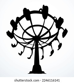 Cute line big high giant old funny chain chair go roller toy prater show set white summer sky view. Outline black hand drawn fly dizzy wheel logo sign icon art retro doodle sketch modern style design