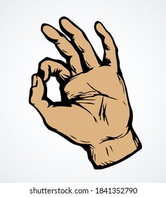 Cute line body give wrist fist take tweak index element, White paper text space. Outline black drawn like catch carry pinch snap thumb pictogram emblem design in retro art doodle style. Close up view