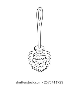 Cute line brush for cleansing toilet bowl. Hand drawn toilet brush for maintenance hygiene and pure. Funny black and white doodle of device for washing and sanitation isolated on white background.