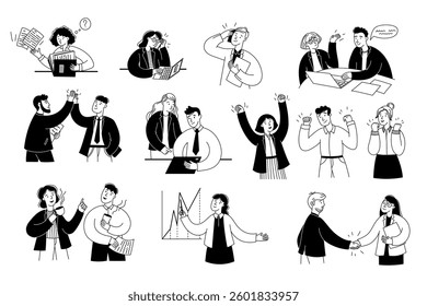 Cute line business people. Office communication and conversation, doodle office workers company employees speaking and having fun, hand drawn business team characters. Vector set.