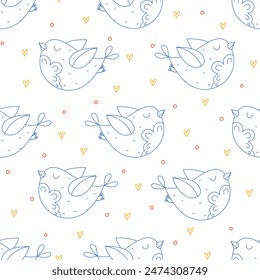 Cute line childish background with baby birds and fun doodle elements. Hand drawn seamless vector pattern for kids room decor, nursery art, packaging, wrapping paper, textile, fabric, wallpaper, gift.