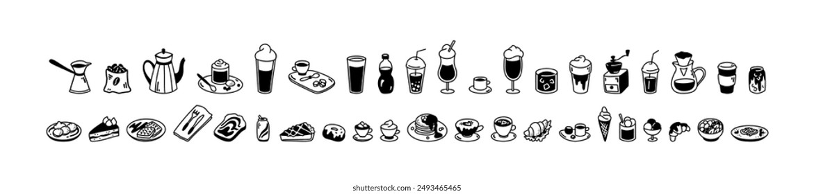 Cute line coffee shop design elements. Minimalist breakfast, lunch, dessert aesthetic. Restaurant menu minimal icons. Cups glasses, mugs of hot drinks. Coffee, tea, espresso, latte, mocha, matcha