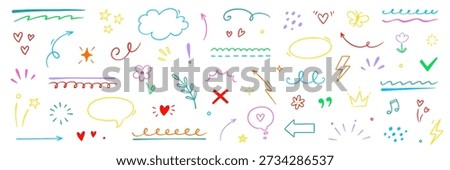 Cute line color star, arrow, heart decoration element icon set. Hand drawn sketch doodle cute star, emphasis, flower element. Brush pen line text decoration icons. Hand drawn vector illustration