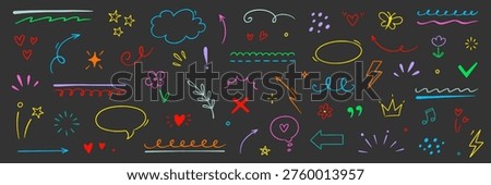Cute line color star, arrow, heart decoration element icon set. Hand drawn sketch doodle cute star, emphasis, flower element. Brush pen line text decoration icons. Hand drawn vector illustration
