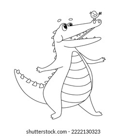 Cute line Crocodile with little bird. Funny Alligator Character isolated on white. Outline Vector Illustration for coloring book