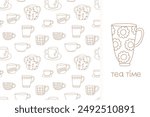 Cute line cups doodle seamless pattern and clip art. Hand-drawn texture with coffee and tea mug on a white background. Monochrome print design for tea lovers.