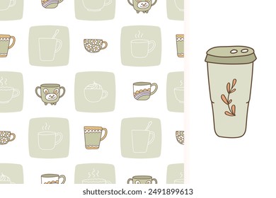 Cute line cups doodle seamless pattern and clip art. Hand-drawn texture with coffee and tea mug. Modern print design for green tea lovers.