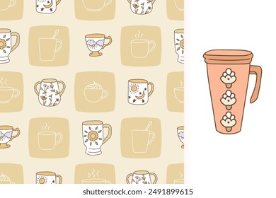 Cute line cups doodle seamless pattern and clip art. Hand-drawn texture with coffee and tea mug. Modern print design for tea lovers.