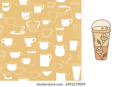 Cute line cups doodle seamless pattern and clip art. Hand-drawn texture with coffee and tea mug. Modern print design for tea lovers.