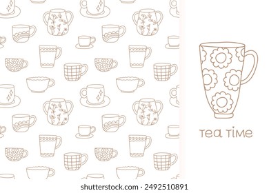 Cute line cups doodle seamless pattern and clip art. Hand-drawn texture with coffee and tea mug on a white background. Monochrome print design for tea lovers.