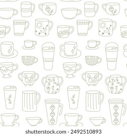 Cute line cups doodle seamless pattern on a white background. Hand-drawn texture with coffee and tea mug. Monochrome print design for paper, fabric, textile.