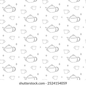 Cute line cups doodle seamless pattern and clip art. Hand-drawn texture with coffee and tea mug. Modern print design for tea lovers.
