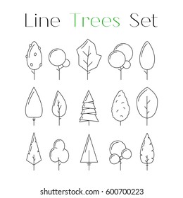 Cute line design art tree icons set. Collection of nature forest or park elements. Flat natural signs. Objects for decoration as part of card, poster, banner concept.  Vector illustration isolated