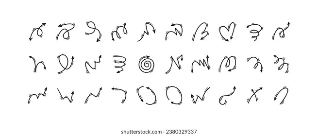 Cute line doodle arrows set. Comic, cartoon motion expression design elements. Bounce, swirl, twist, movement effect
