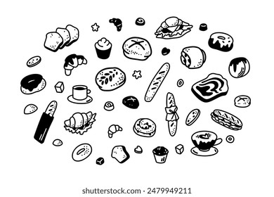 Lindo garabato línea Elementos de panadería. Bollería hecha a mano, pan, croissants, sándwiches, baguette, tostadas, donuts. Iconos vectoriales de bocetos minimalistas. Desayuno, café, menú pastelería francesa