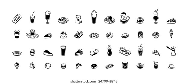 Cute line doodle big food set. Minimalist icons for restaurant, cafe, patisserie, bakery, confectionary, coffeeshop menu. Hot and cold drinks. Aesthetic boho meal hand drawn vector illustrations