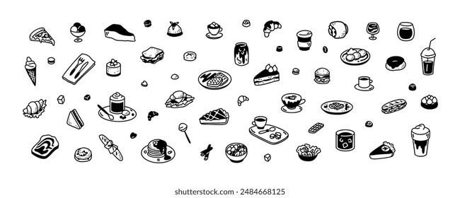 Cute line doodle big food set. Minimalist icons for restaurant, cafe, patisserie, bakery, confectionary, coffeeshop menu. Hot and cold drinks. Aesthetic boho meal hand drawn vector illustrations